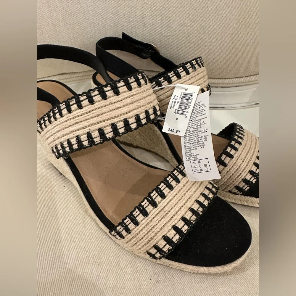 NWT Size 8 Stylish Black and Tan Wedge Raffia espadrille Sandals Shoes - Picture 9 of 11